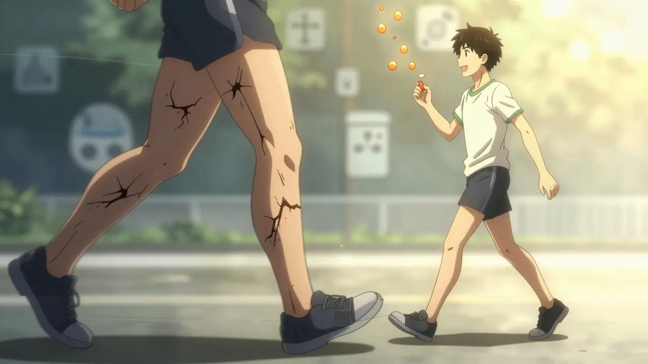 Persona con músculos debilitados a un lado, y la misma persona energizada con pastilla de vitamina D al otro.