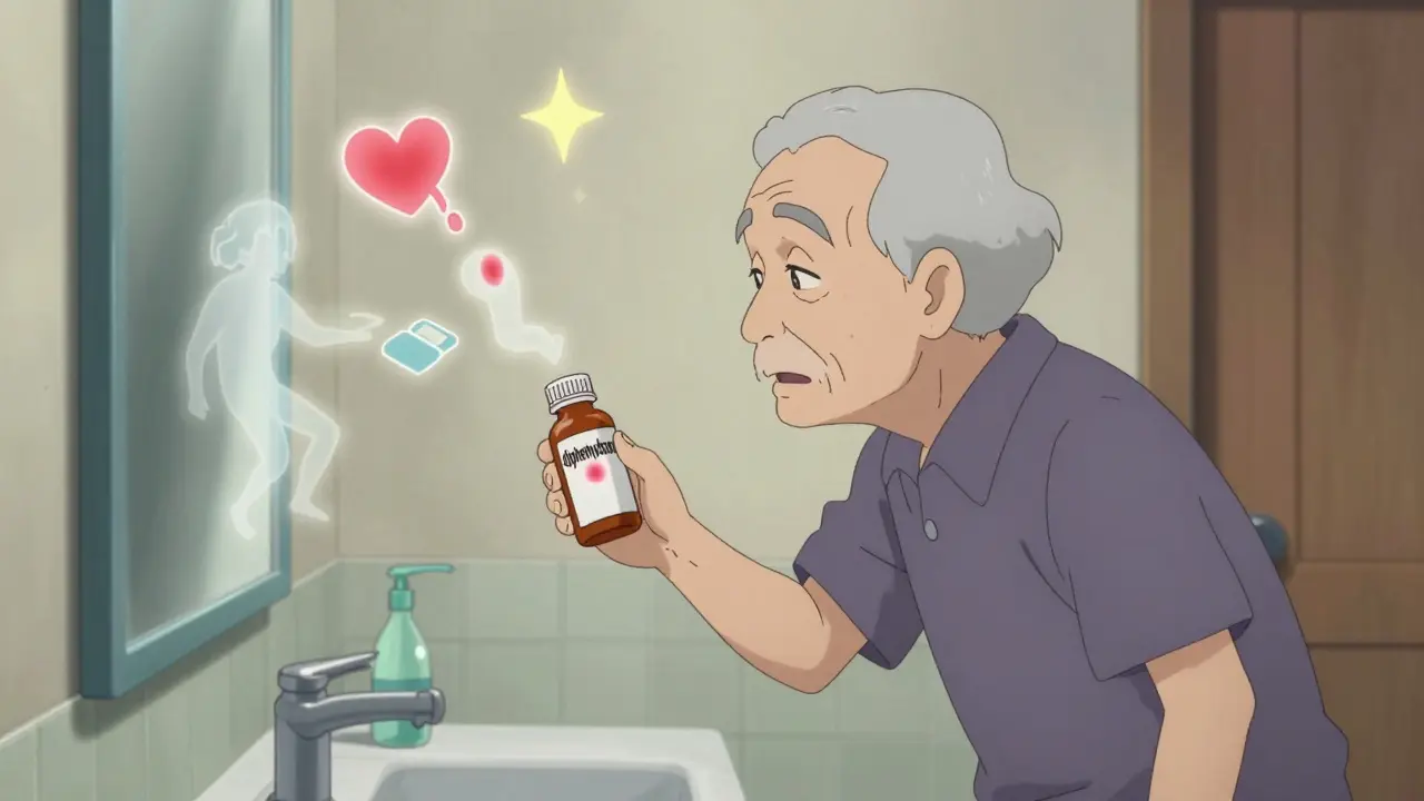 Persona mayor insegura frente al espejo, rodeada de símbolos de riesgo por tomar antihistamínicos.