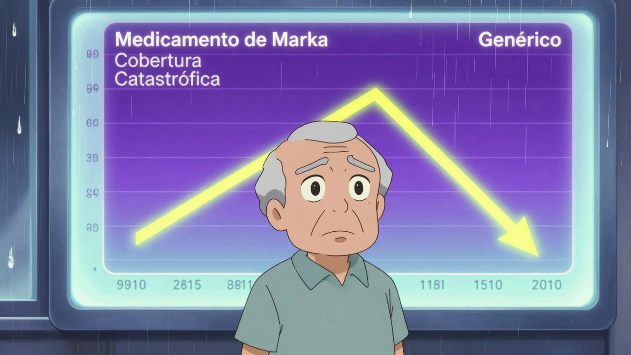 Persona mayor observa gráfica financiera que compara costos de medicamentos de marca y genéricos.