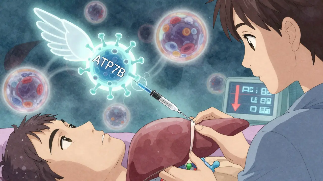 Terapia génica con virus que corrige el gen ATP7B en una célula hepática.