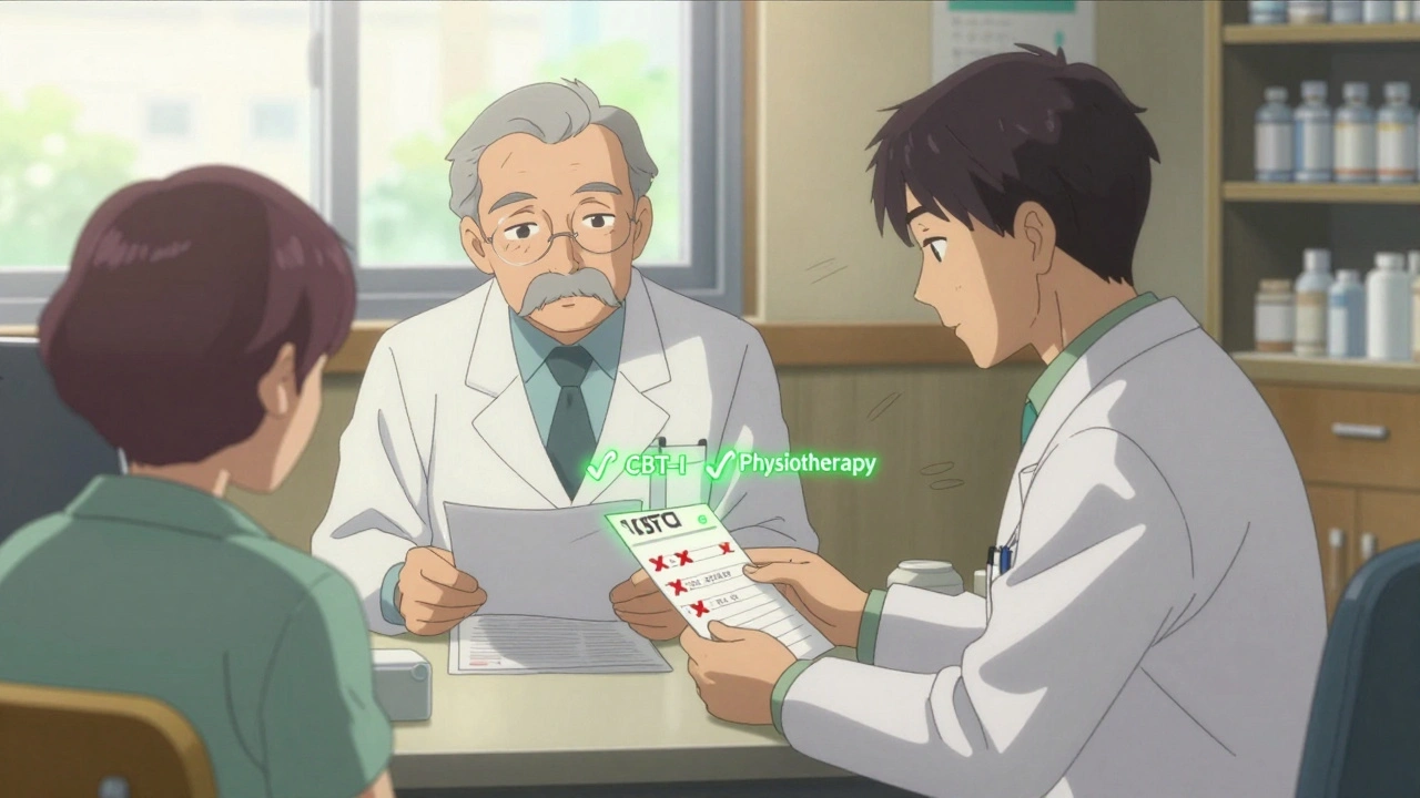 Un farmacéutico y un médico revisan recetas, reemplazando medicamentos peligrosos por alternativas seguras.