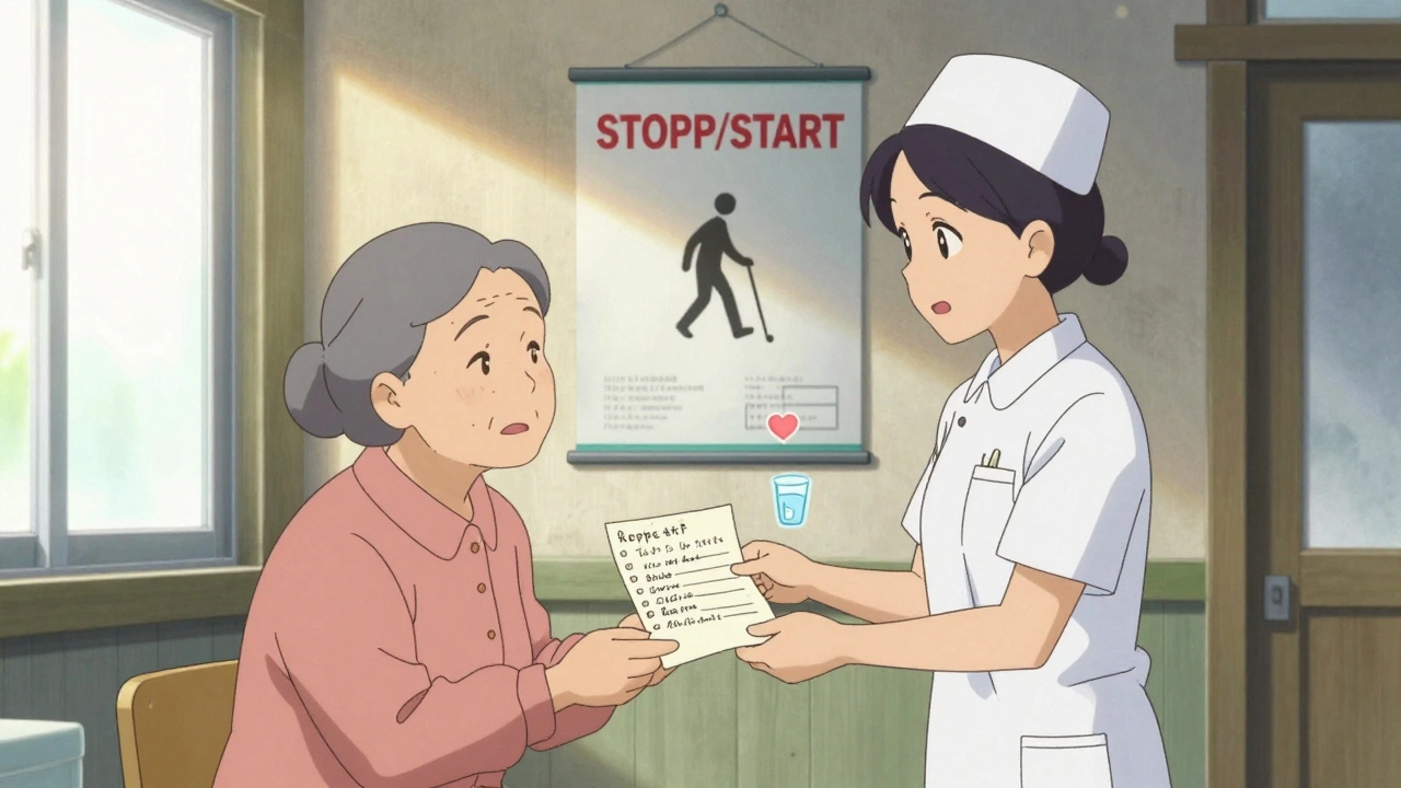 Una mujer mayor entrega una lista de medicamentos en una clínica rural, con un cartel de seguridad en la pared.