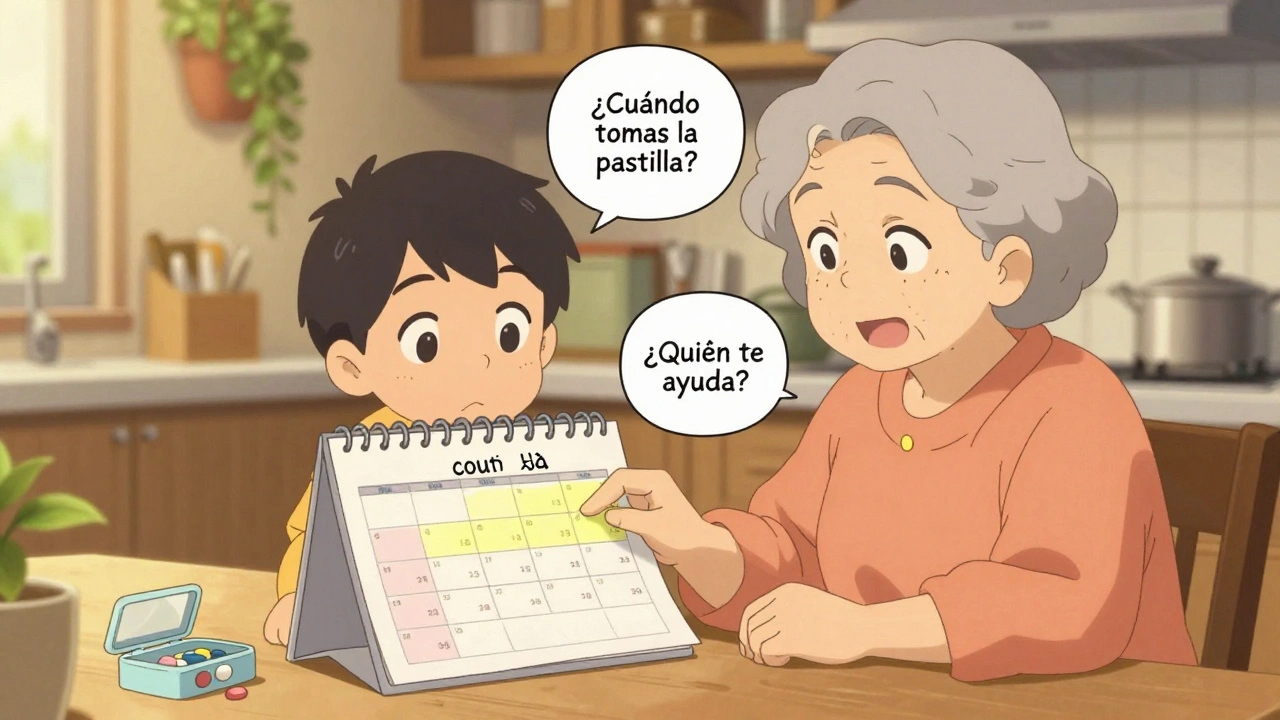 Una mujer mayor y su familiar revisan juntos un calendario de medicación con resaltados.