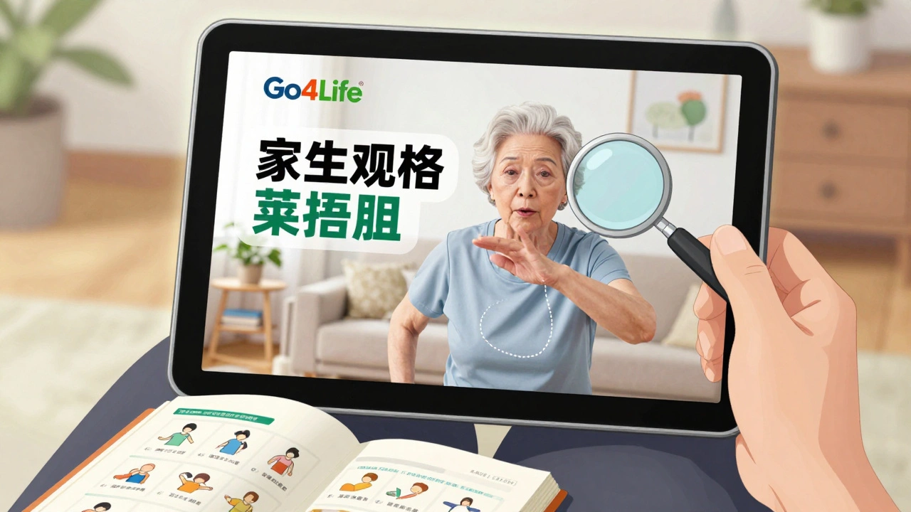 Una persona mayor sigue un ejercicio guiado por voz en una tablet, con subtítulos grandes y una guía impresa al lado.