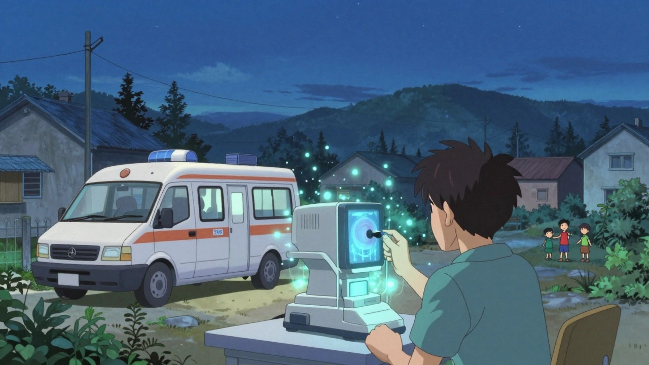 Unidad móvil de teleoftalmología en un pueblo rural, escaneando la retina bajo cielo crepuscular.