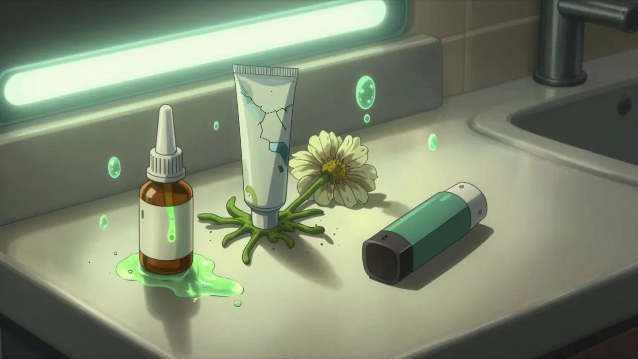 Bote de gotas oculares con bacterias verdes, crema agrietada e inhalador abandonado en el mostrador.