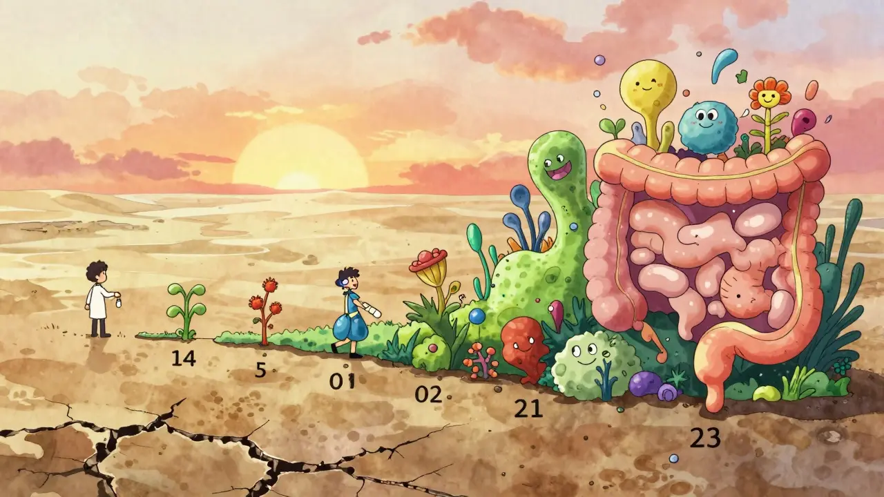 Camino de 14 días desde un intestino dañado hasta un ecosistema microbiano recuperado y vibrante.