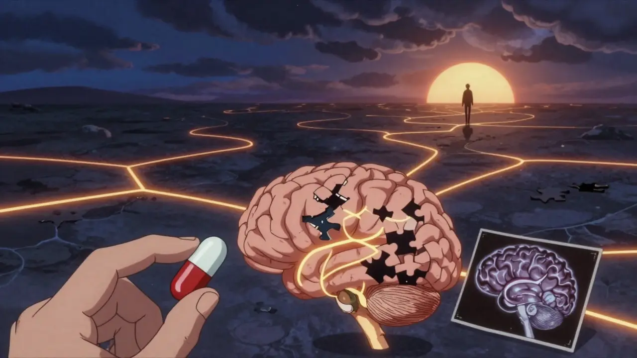 Cerebro como paisaje surreal con caminos neuronales reconectados, mano sosteniendo cápsula de psilocibina.