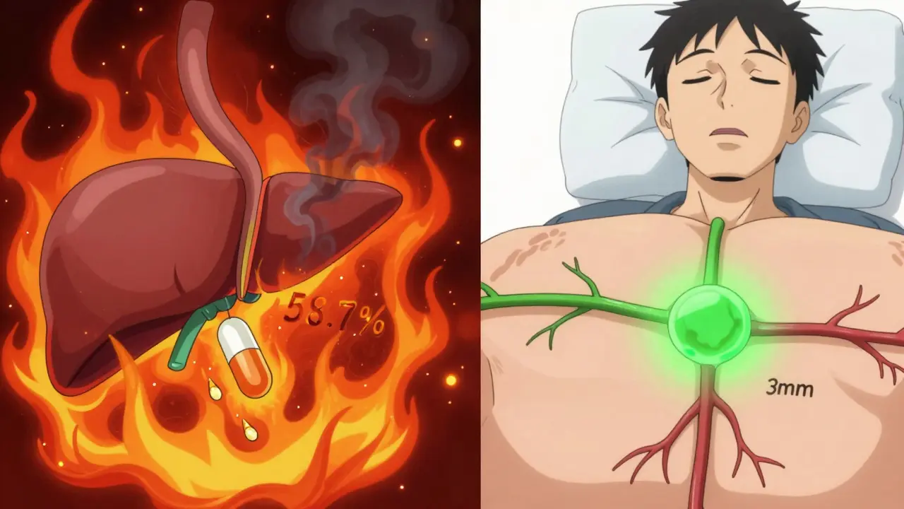 Comparación animada: pastilla siendo absorbida por el estómago vs. gel actuando solo en la piel.