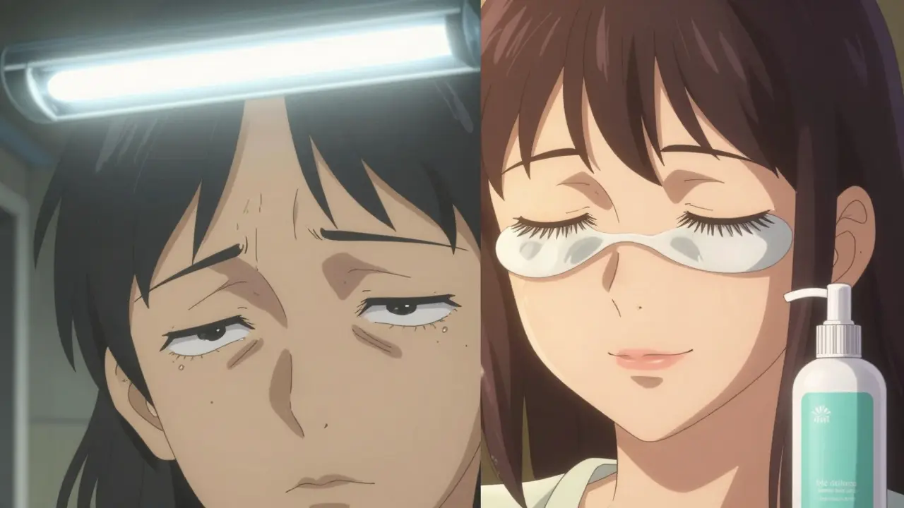 Comparación antes y después de blefaritis: irritación vs. alivio con cuidado diario.