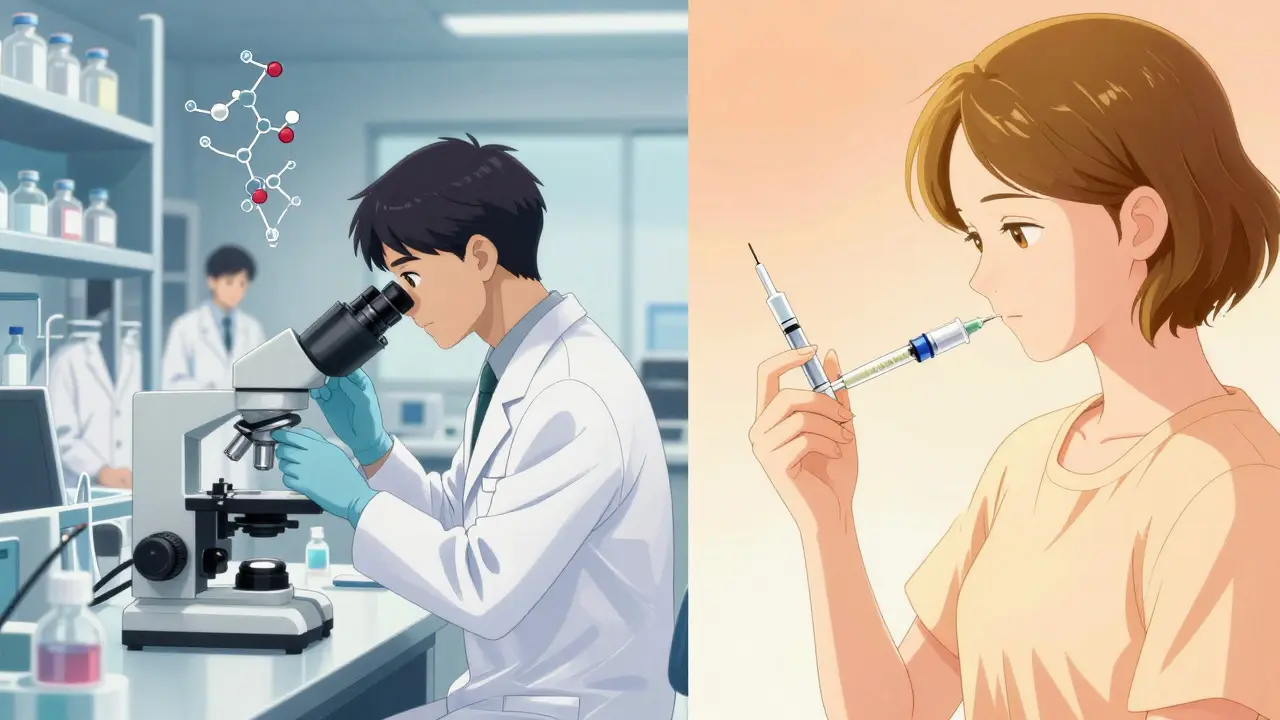 Comparación entre un laboratorio científico y un paciente administrándose insulina biosimilar.