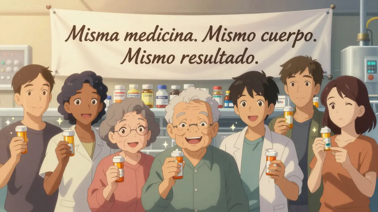 Diversos pacientes toman su medicación con sonrisas, mientras detrás se ve la misma fábrica produciendo ambos tipos de pastillas.