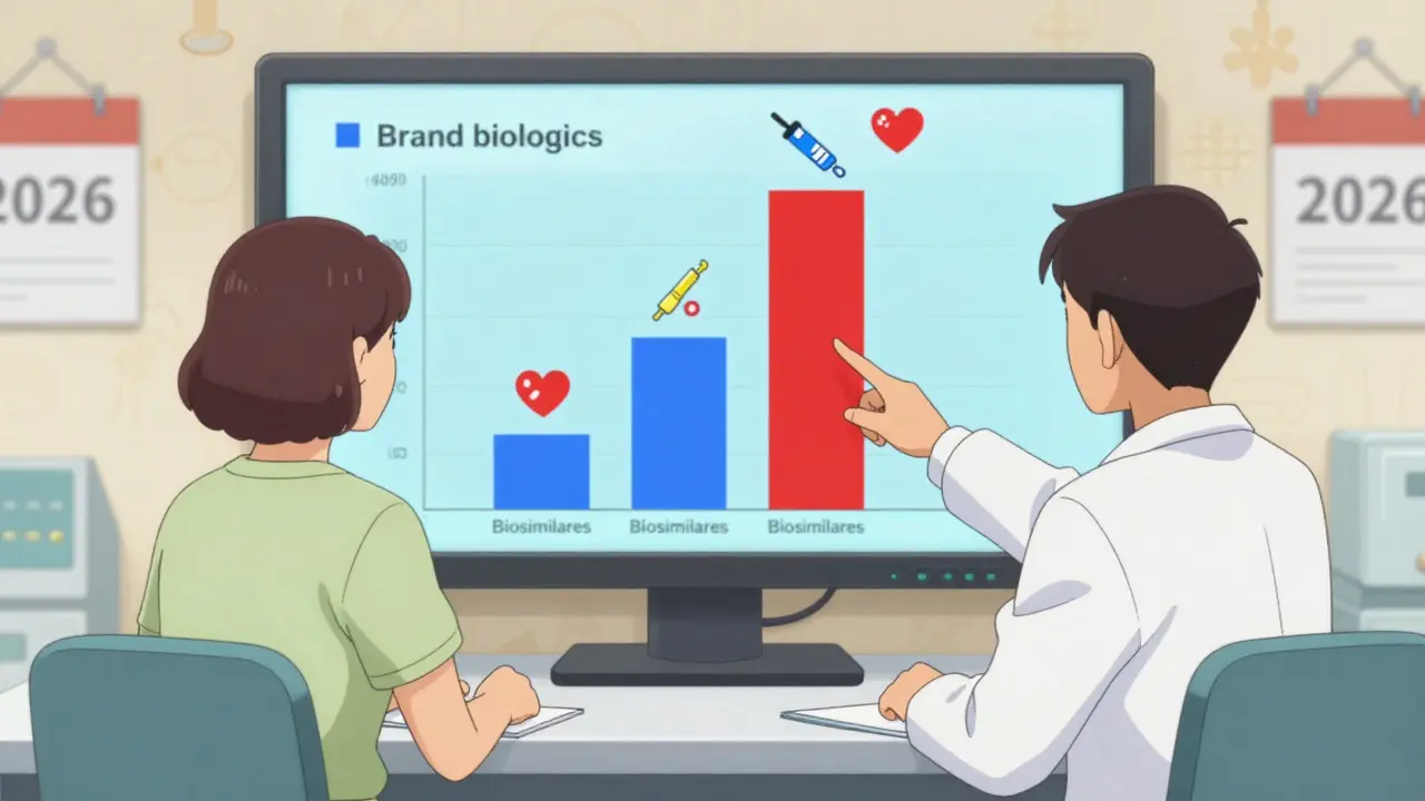 Doctor y paciente mirando una gráfica que compara precios de biológicos y biosimilares.