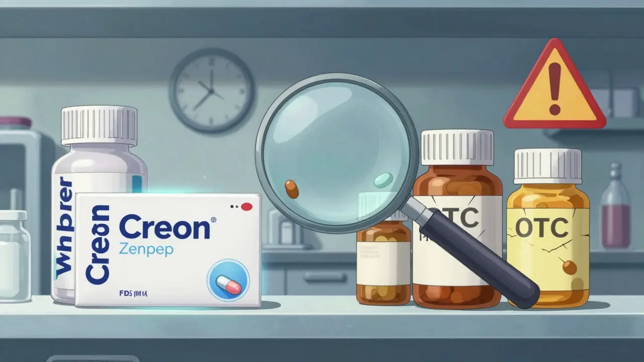 Dos estantes comparando enzimas recetadas de calidad y suplementos OTC de baja calidad con advertencias visuales.