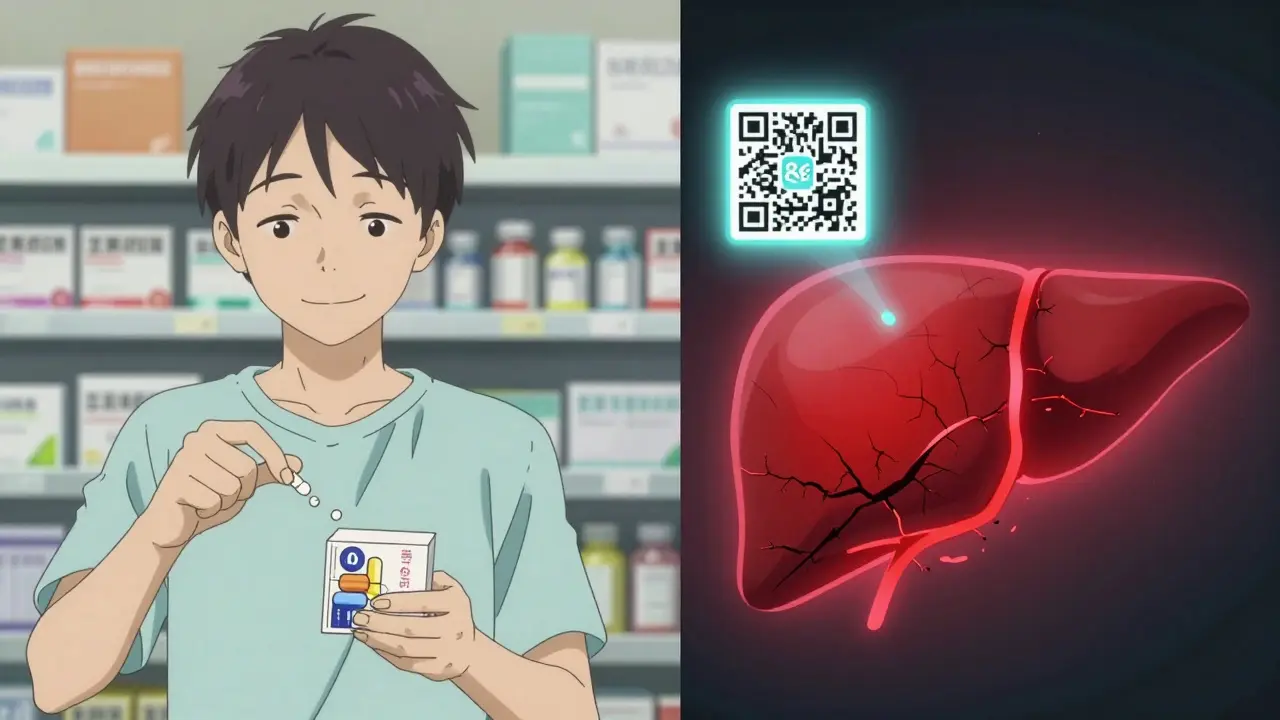 Escena dividida: persona tomando pastillas y hígado dañado, con código QR brillando encima.