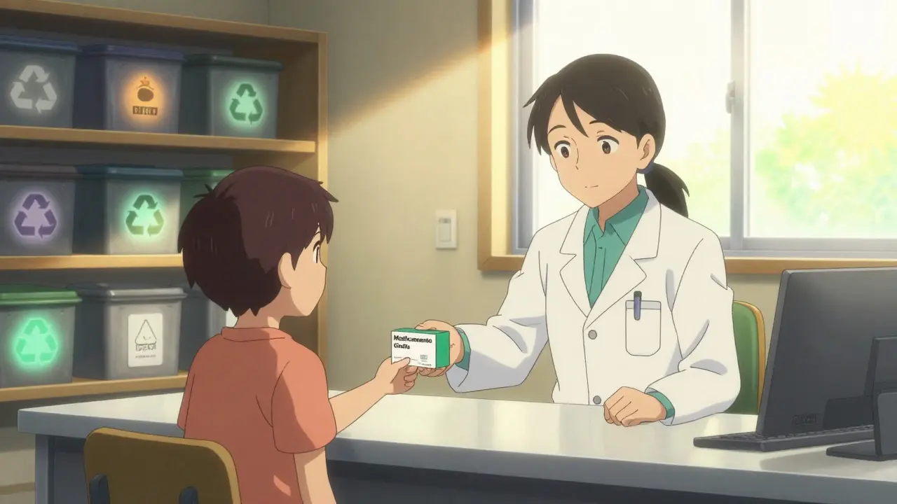 Farmacéutico entrega medicamento gratis, fondo con contenedores de reciclaje seguro y luz cálida.