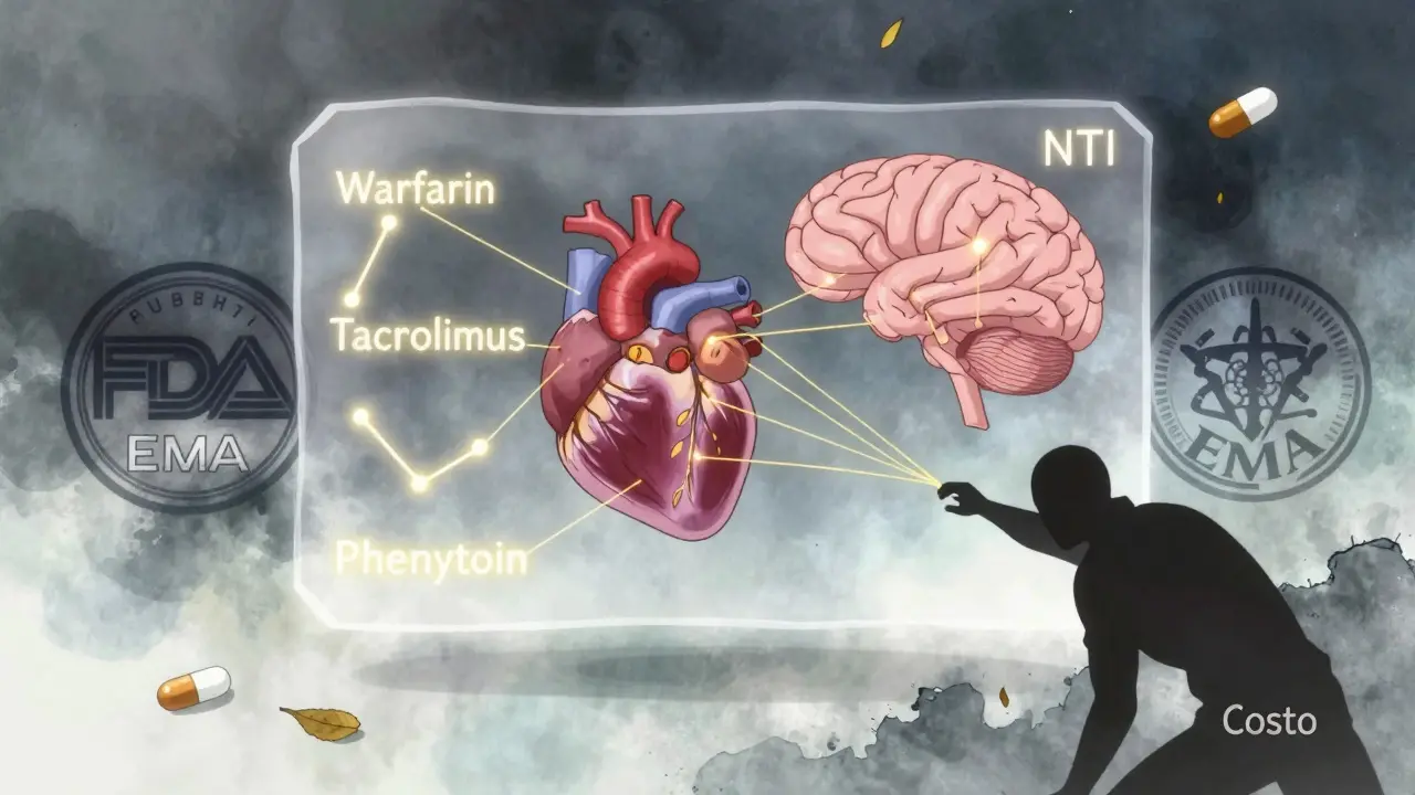 Gráfico médico con fármacos NTI conectados al corazón y cerebro, amenazados por una figura de costo.