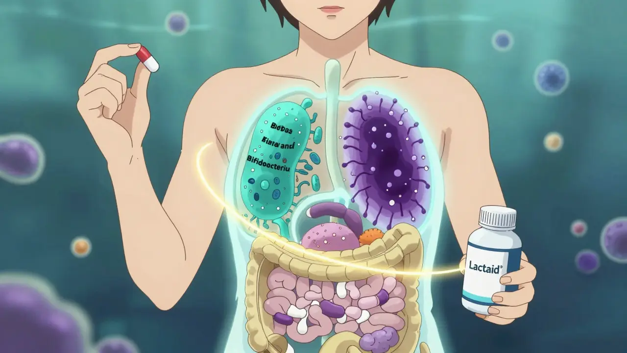 Interior del abdomen mostrando enzimas y probióticos trabajando juntos contra bacterias dañinas en el intestino.