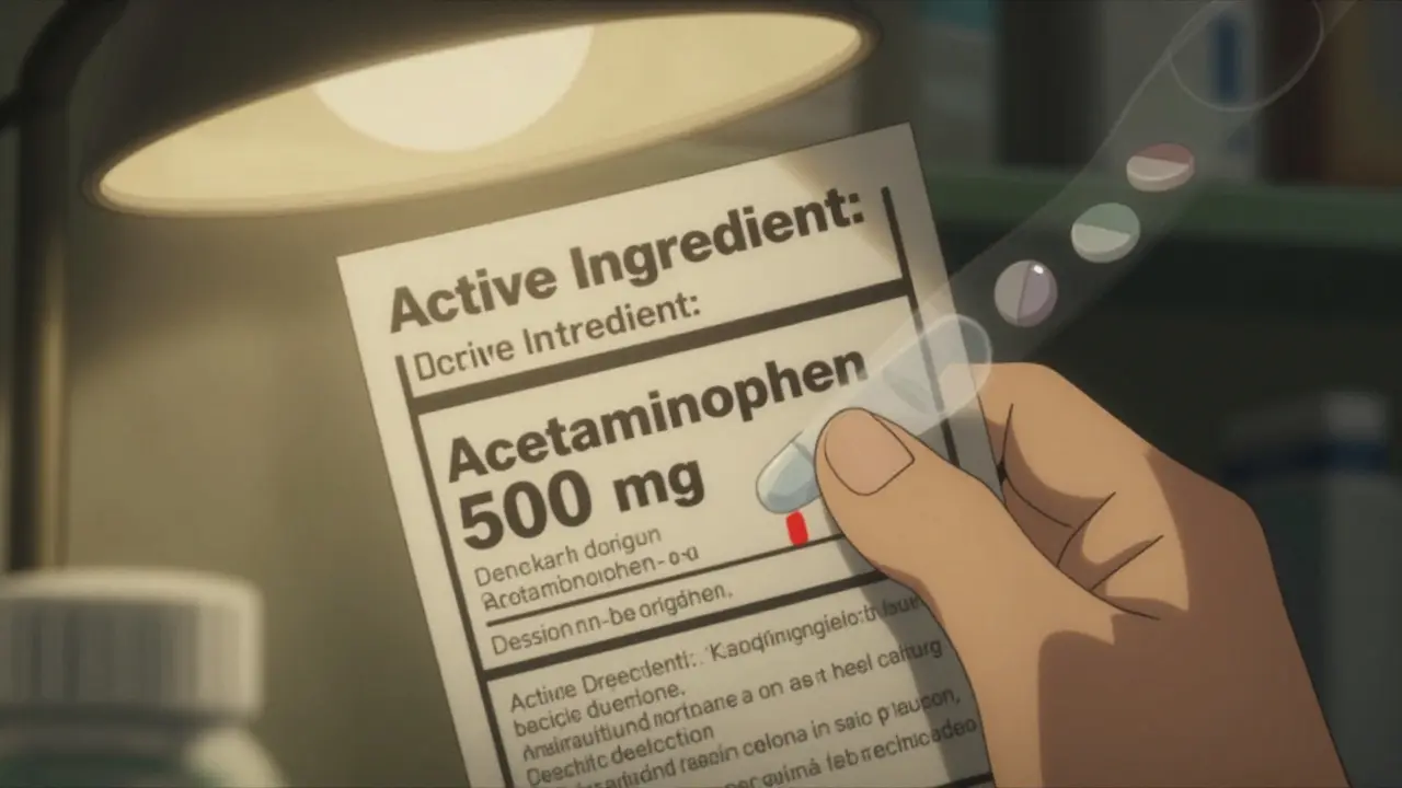 Mano leyendo la etiqueta de un medicamento con ingrediente activo resaltado bajo luz cálida.