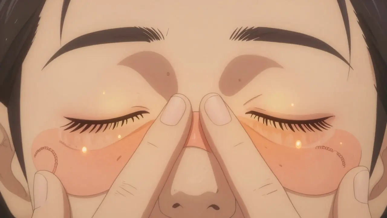 Mano masajeando suavemente los párpados con compresa térmica, aceite derretido visible.