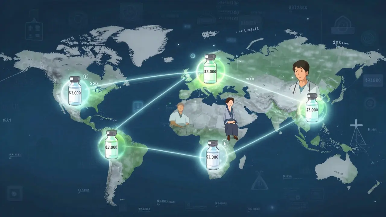 Mapa global con esferas de insulina biosimilar reduciendo precios al viajar a diferentes países.