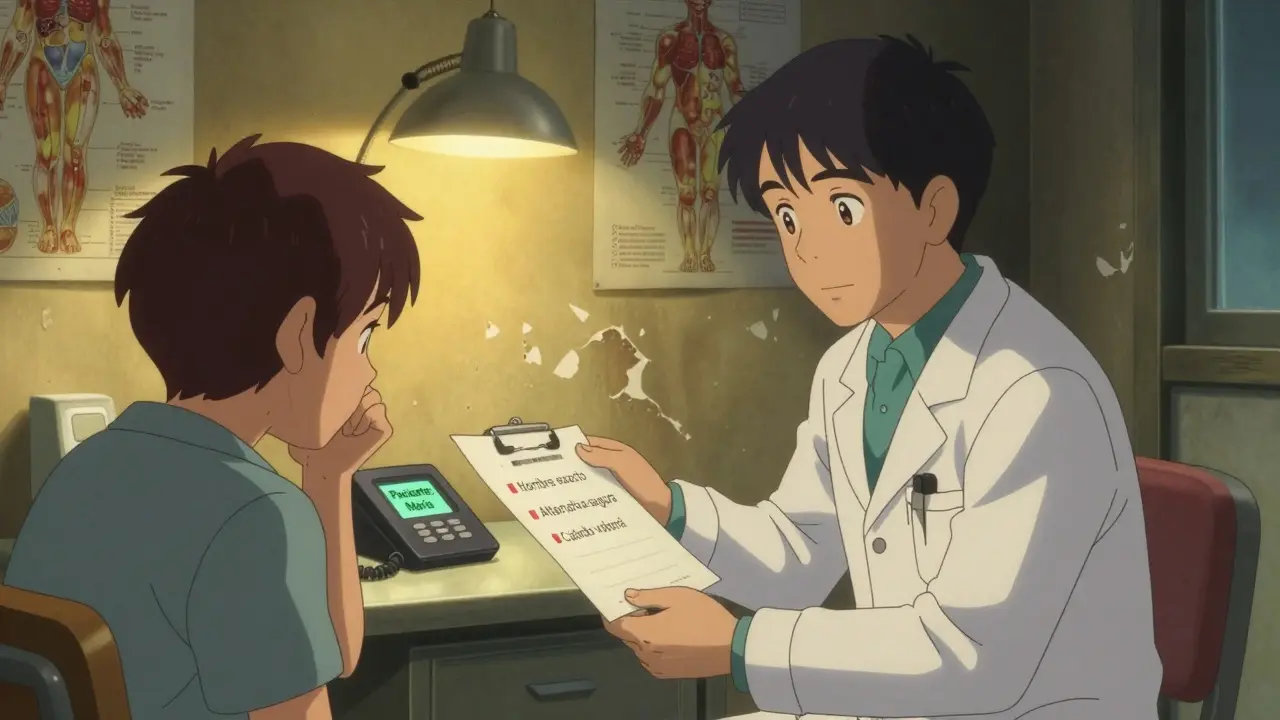 Médico explica alternativa de medicamento a paciente en clínica rural con hoja informativa.