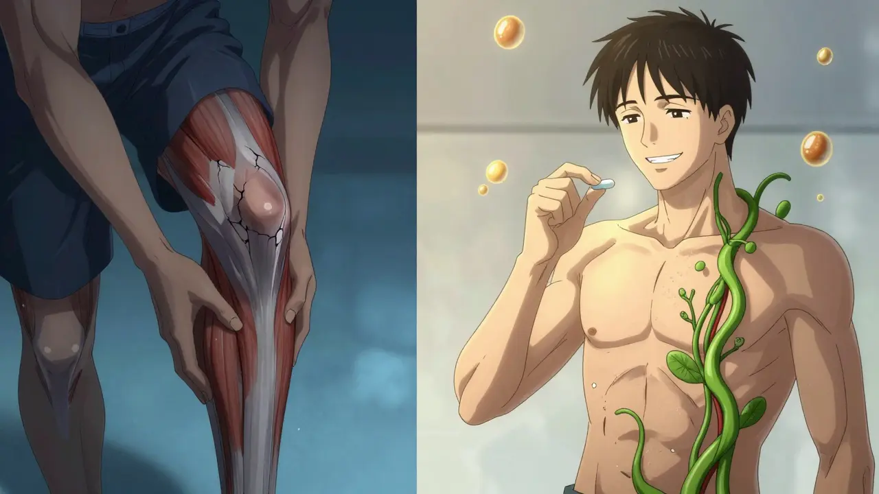 Paciente con dolor muscular a un lado, y otro lado sano con arterias sanas creciendo como enredaderas, bajo luz cálida.