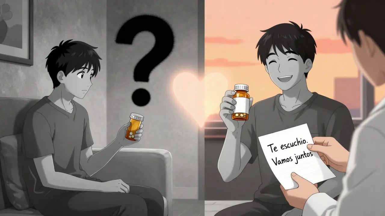 Paciente en casa con botella vacía y luego con nueva receta, acompañado por mensaje de apoyo.