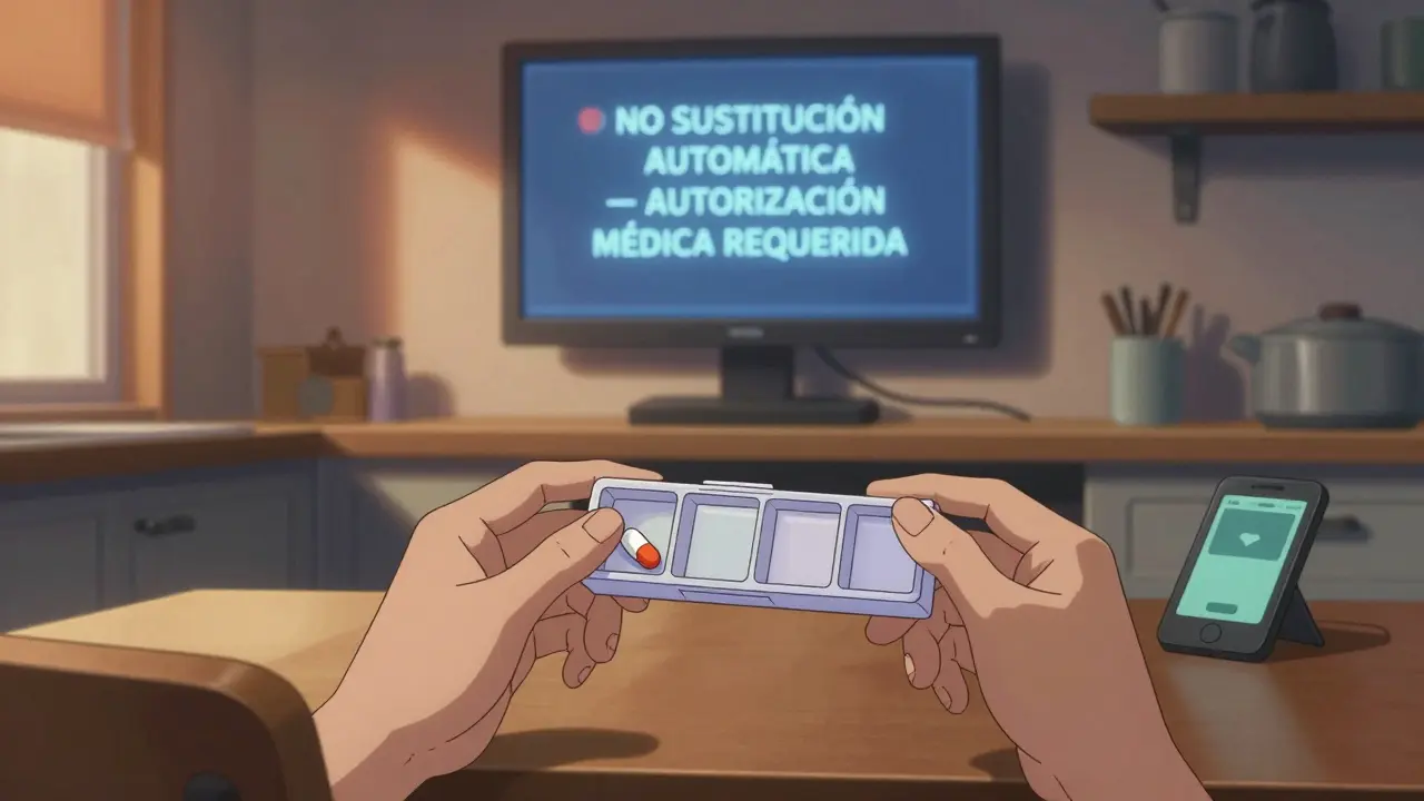Paciente en casa con organizador de pastillas, pantalla de advertencia médica al fondo, luz cálida de atardecer.