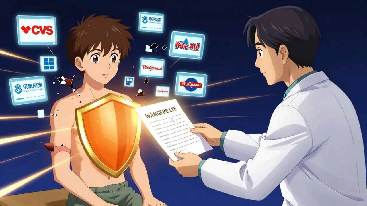 Paciente entrega hoja impresa a médico mientras interfaces digitales se desvanecen.