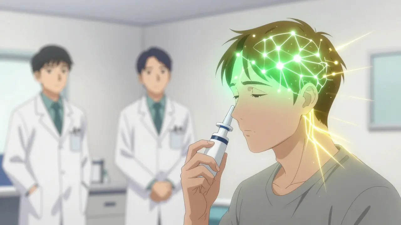 Paciente recibe spray nasal de esketamina en clínica, con conexiones neuronales brillantes en el fondo.