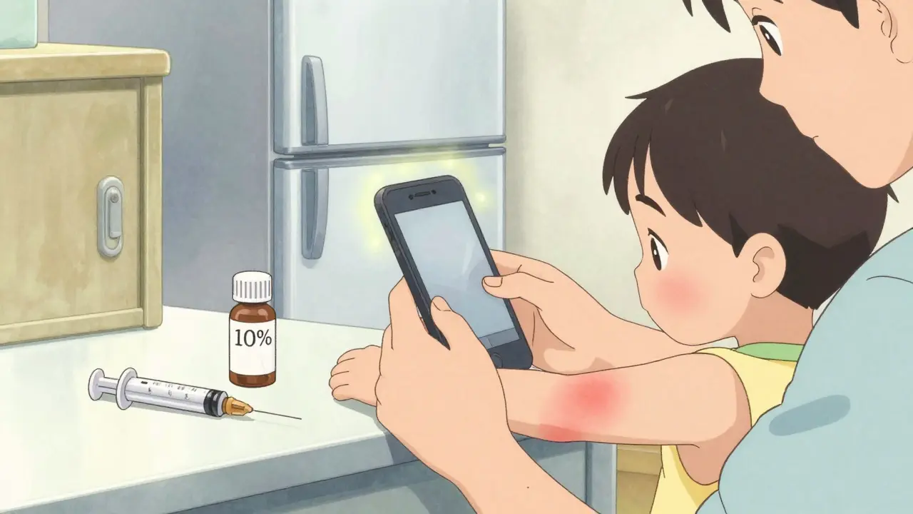 Padre fotografiando la etiqueta de un medicamento mientras un niño tiene una leve erupción en el brazo, con jeringa y gabinete seguro al fondo.
