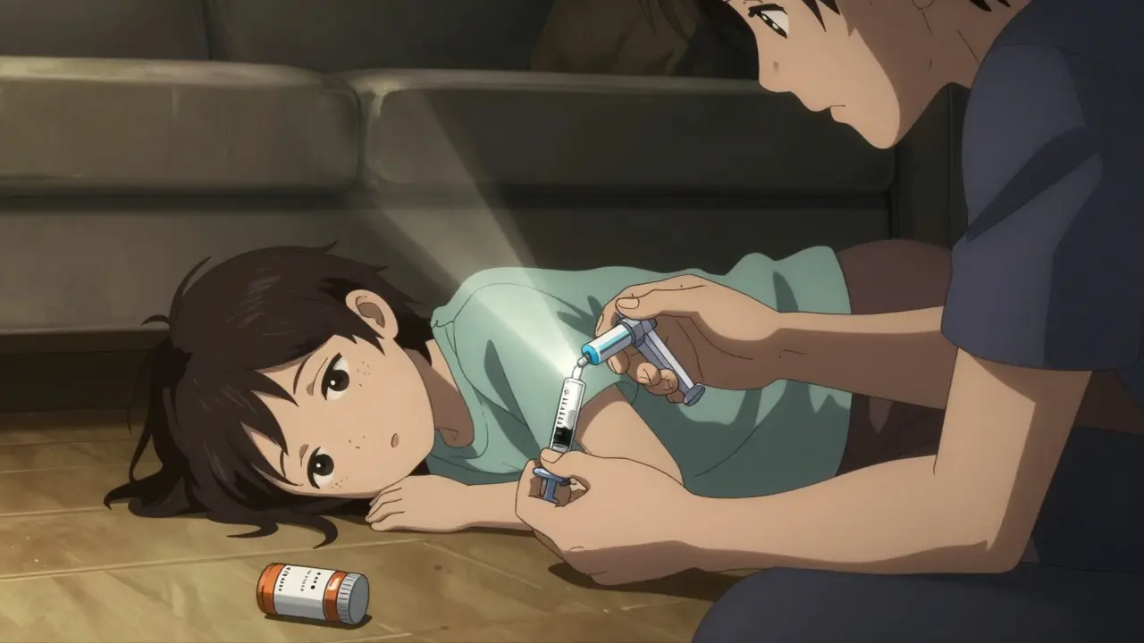 Padre sostiene a un niño letárgico en el suelo mientras llama al 911, con un inyector de epinefrina y una botella de medicamento cerca.