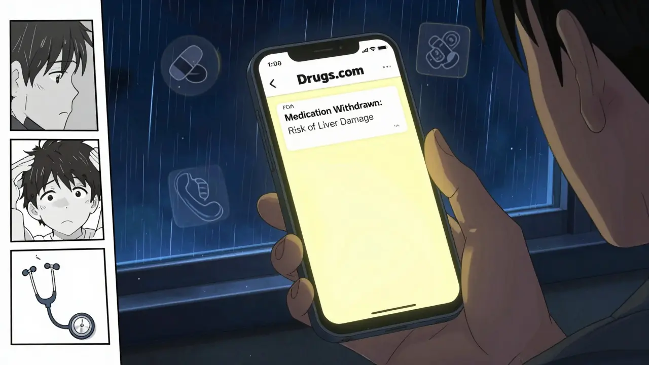 Pantalla de una app mostrando una alerta de la FDA sobre medicamento retirado por riesgo hepático.