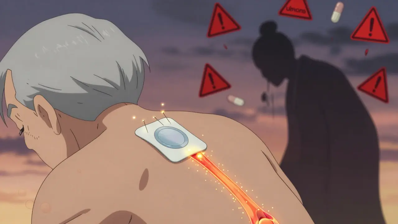 Parche de microneedles en la espalda de una persona mayor, con partículas doradas hacia las articulaciones.