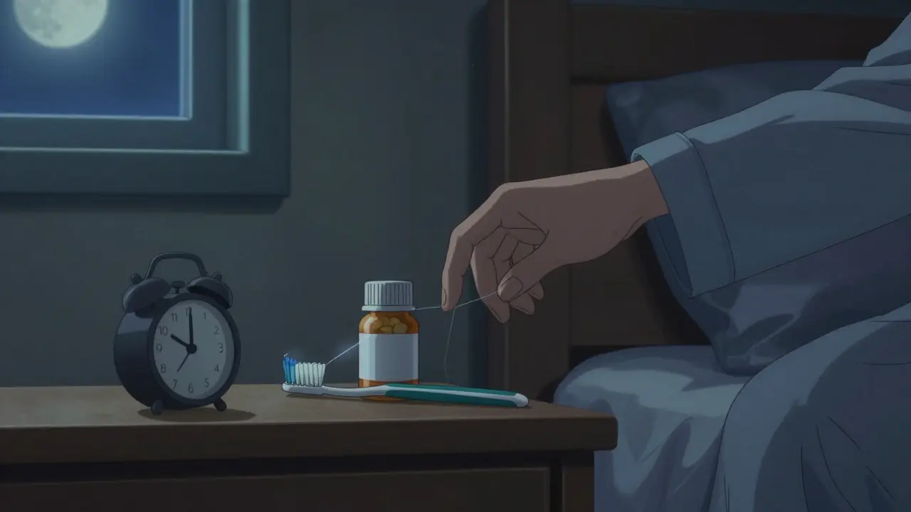 Persona toma una pastilla antes de acostarse, junto al cepillo de dientes en la mesita de noche.