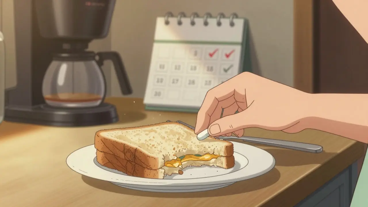 Persona toma una pastilla junto a su almuerzo en la cocina, con luz natural y café de fondo.