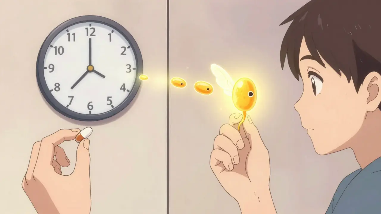 Persona tomando antibiótico y levadura probiótica al mismo tiempo; la levadura resiste sin daño.