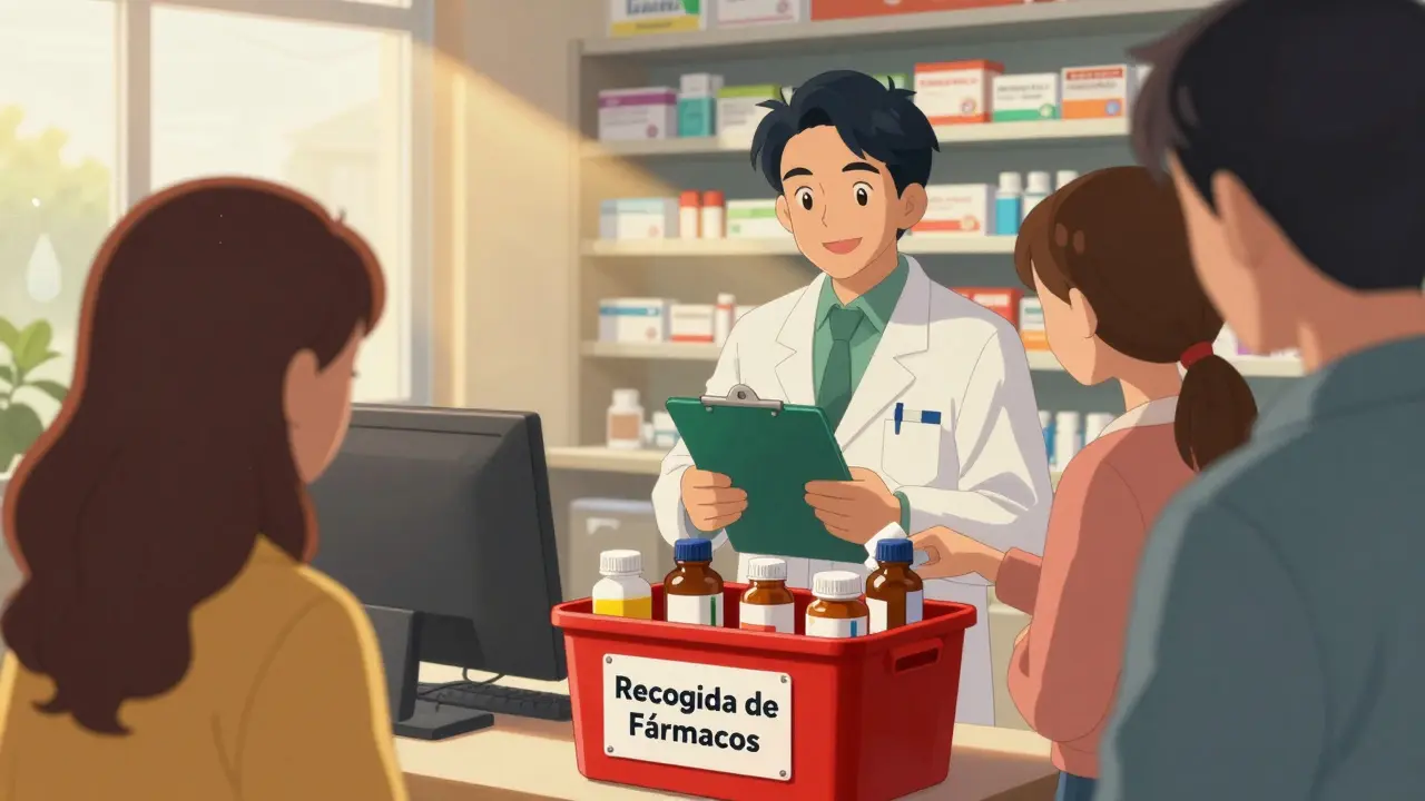 Personas en una farmacia española depositan medicamentos vencidos en un contenedor de recogida autorizado.
