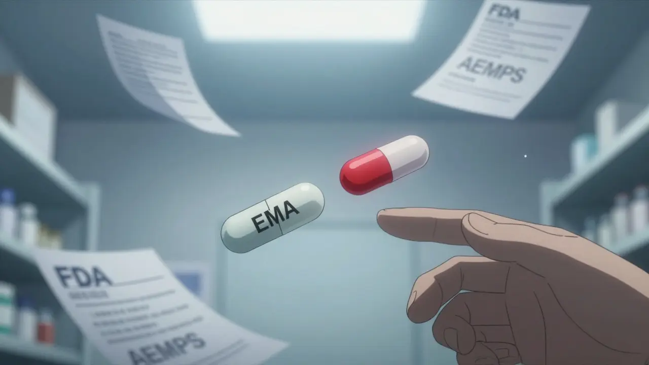 Tableta que se divide en dos, una con ingrediente adicional en rojo, mientras documentos legales se desvanecen.