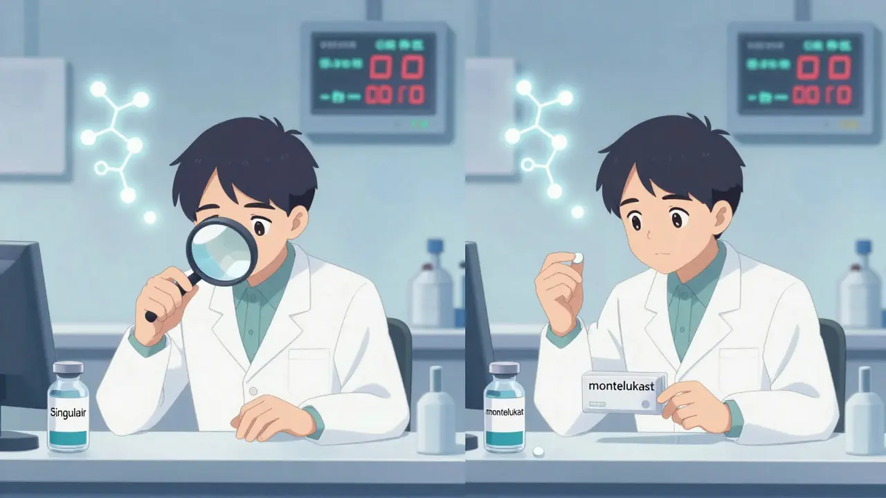 Técnico de laboratorio compara dos pastillas idénticas bajo una lupa, con estructuras moleculares idénticas flotando.