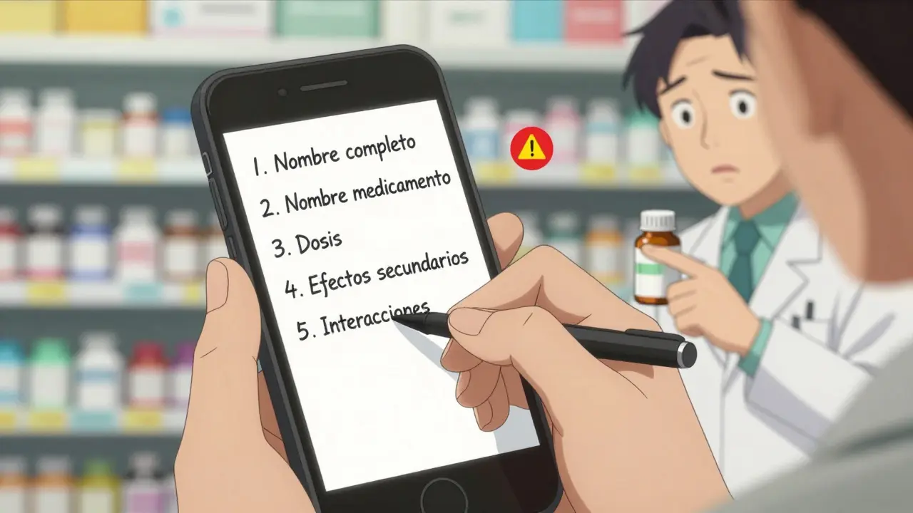 Teléfono muestra una lista de verificación de medicamentos mientras paciente y farmacéutico discuten.