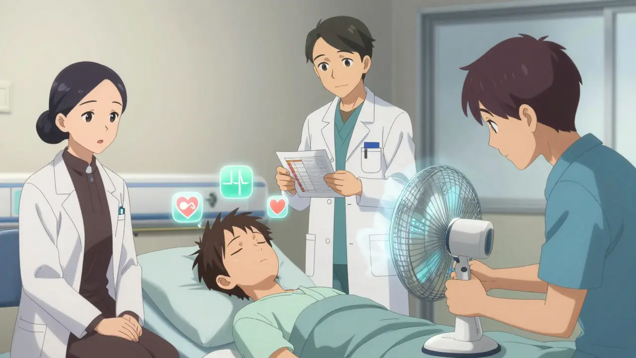 Un equipo de cuidados paliativos en una habitación, con iconos flotantes que representan síntomas y cuidados, todos en un ambiente sereno.