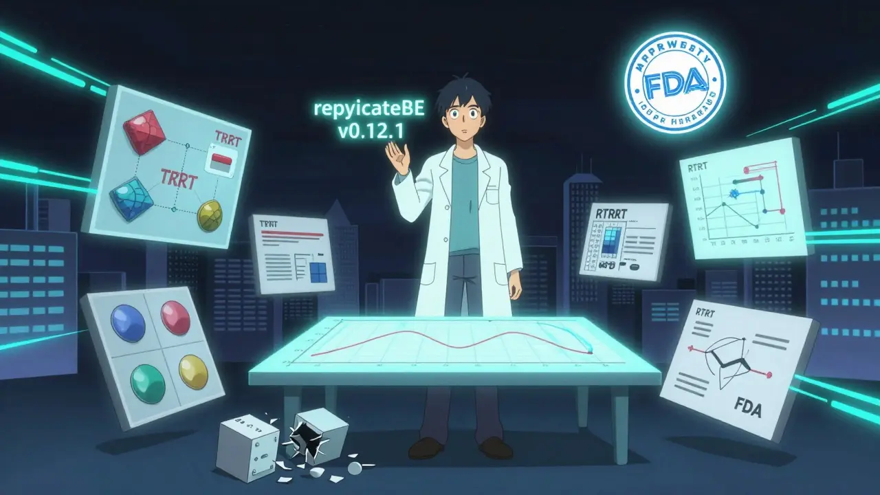 Un experto estadístico usa software replicateBE para analizar diseños de bioequivalencia con aprobación de la FDA.