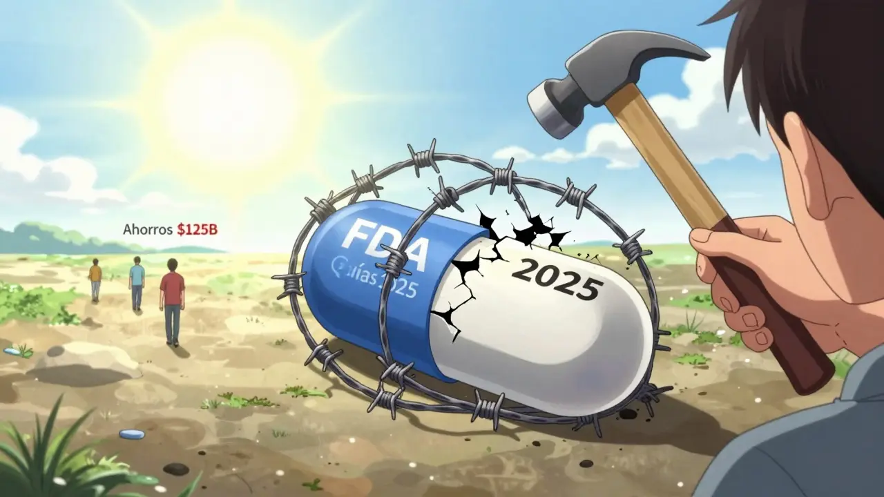 Una pastilla biosimilar rompiendo cadenas de patentes mientras la luz del cambio brilla.