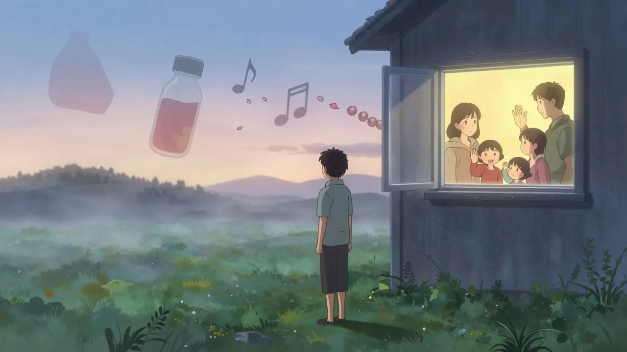 Una persona caminando hacia un campo neblinoso al amanecer, mirando atrás hacia su hogar mientras símbolos de alivio se convierten en pétalos.