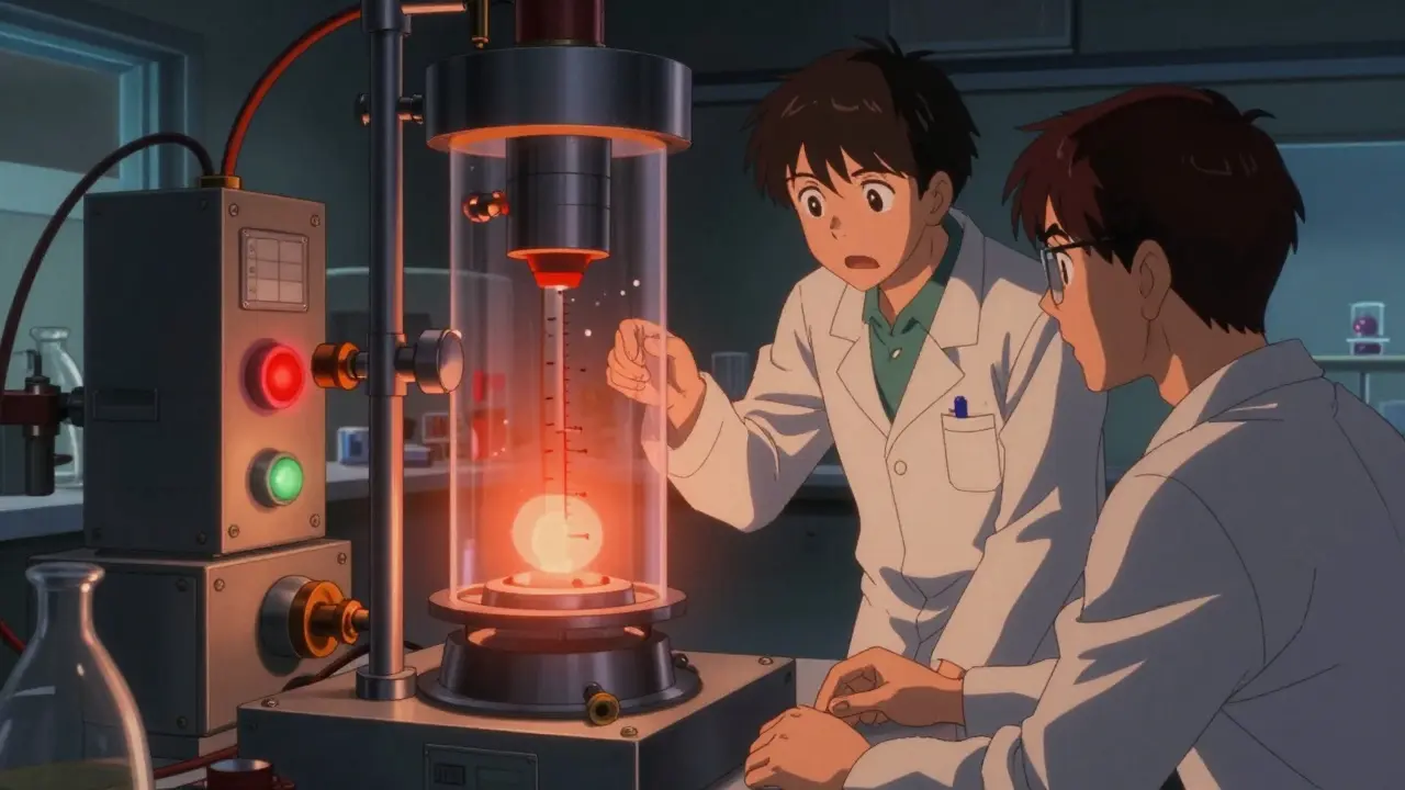 Científicos analizan aparato de disolución con luces rojas de fallo en laboratorio.