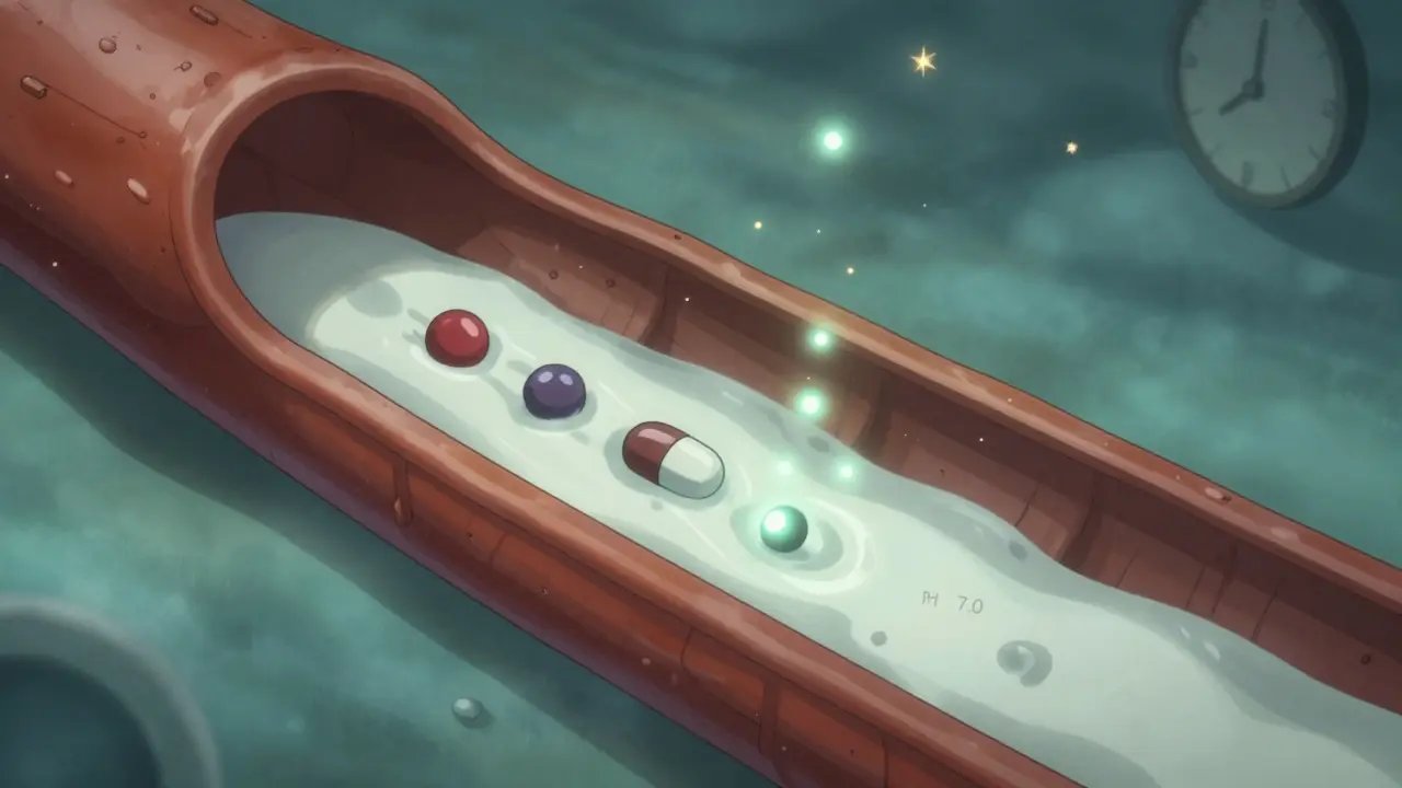 Efecto de trampa iónica: moléculas de medicamento atrapadas en la leche por diferencia de pH.