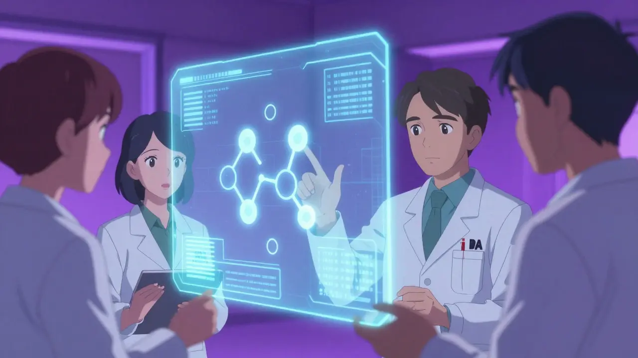 Equipo de la FDA usa interfaz holográfica de IA para revisión de medicamentos.