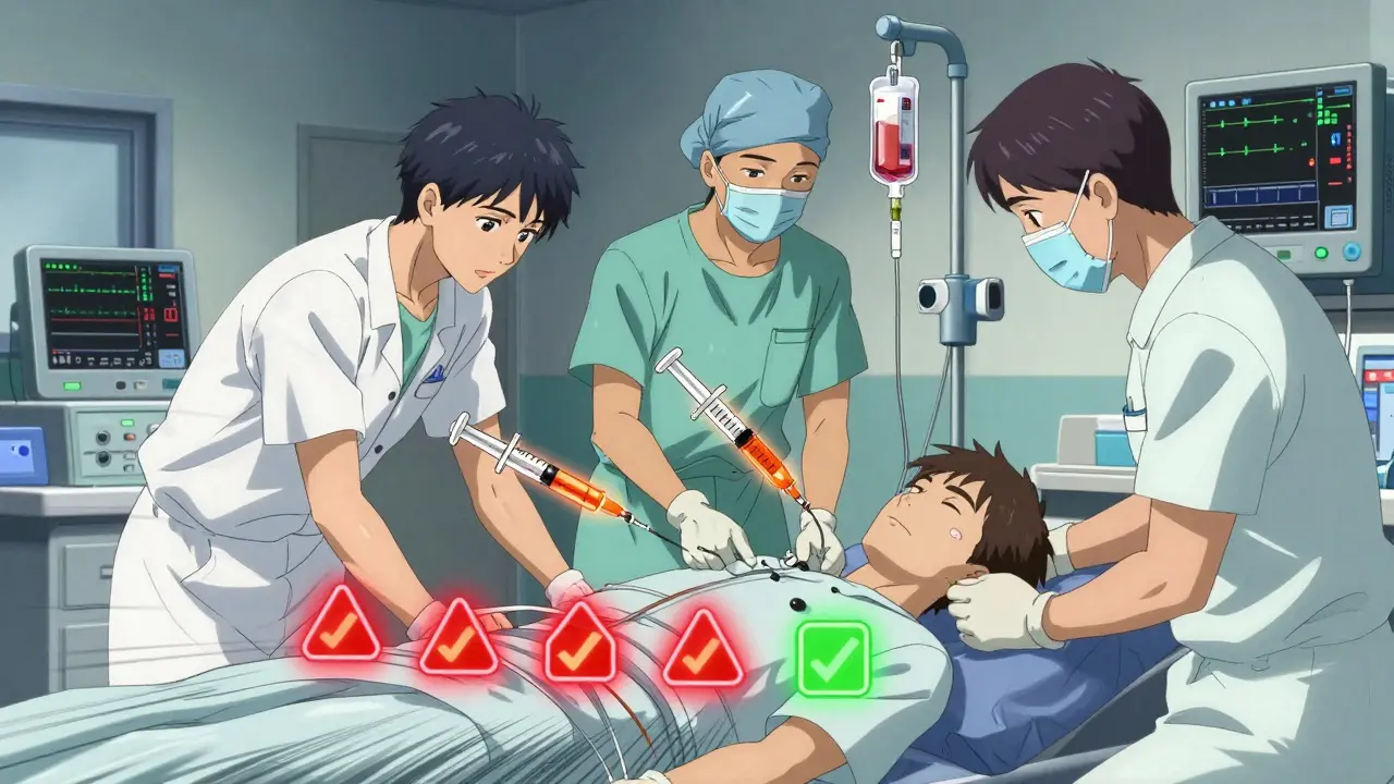 Equipo médico realiza desensibilización intravenosa de penicilina con dosis crecientes en entorno hospitalario.